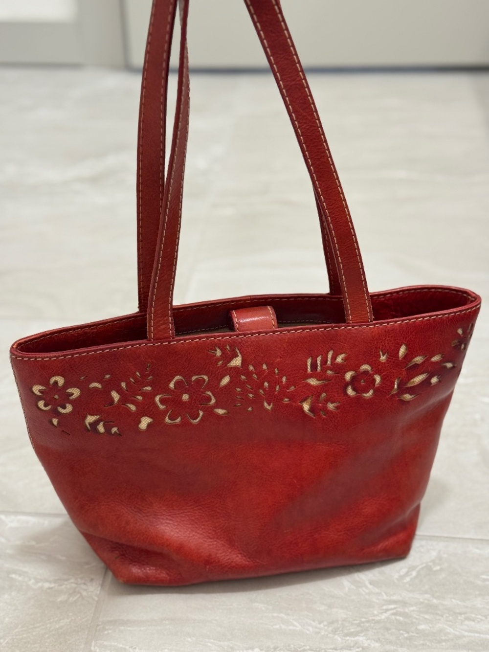 Red Genuine Leather Floral Cutout Tote Shoulder Bag